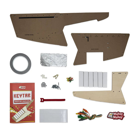 Keytar Invention Launchpad Starter Bundle For Hands On STEM Coding Learning Build Your Own Musical Instrument Kit That Lets Kids Create Code Play And Customize An Educational Instrument. Makey Makey parts and wooden panels.