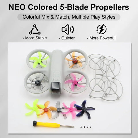 Colorful Drone Propellers For Neo 2 Quiet Low Noise Paddle Style Replacement Set In Crystal Gray Finish displayed with tools
