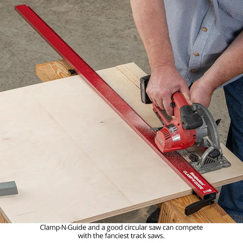 Using No Sweat Precision Rail And Clamp For Circular Saw And Router With Dual Fence Guide Made In Usa for precise cuts on plywood.