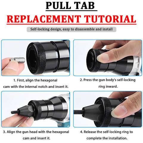 Cordless Rivet Nut Gun Kit With LED Lighting replacement tutorial for hexagonal cam alignment and self-locking ring operation.
