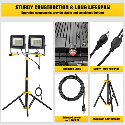 Ultra Bright LED Work Light With Stand Dual Head Adjustable Flood Light Waterproof Tripod 16.5 Ft Cord for job sites