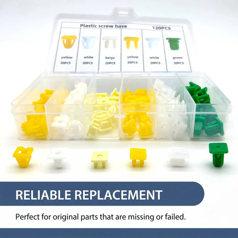 Smooth 120 Piece Nylon Grommet Screw Kit For Car License Plates And Bumper Trim showing assorted plastic screw bases in multiple colors.
