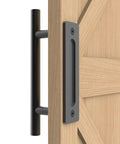 12-Inch Sliding Barn Door Handle Pull And Flush Hardware Set for Interior And Exterior Doors, Rustic Black Round Finish on Wooden Door