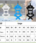 Elastic Silicone Shoe Holster With Backpack Clips For Hanging Sneakers Boots Cleats Or Gear On Your Backpack No Fuss Easy To Use Keeps Your Bag Neat And Shoes Separated Travel Ready Black shown in size chart with dimensions