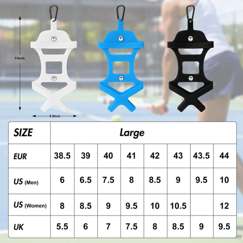 Elastic Silicone Shoe Holster With Backpack Clips For Hanging Sneakers Boots Cleats Or Gear On Your Backpack No Fuss Easy To Use Keeps Your Bag Neat And Shoes Separated Travel Ready Black shown in size chart with dimensions