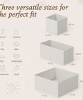 Slick 18 Piece Drawer Divider Kit Made From Tough As Nails Non Woven Fabric, showing three fabric organizer sizes for various items.