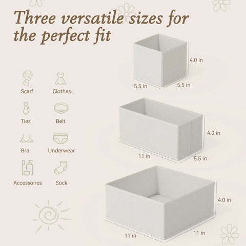 Slick 18 Piece Drawer Divider Kit Made From Tough As Nails Non Woven Fabric, showing three fabric organizer sizes for various items.