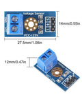 Top Shelf 3 Piece ACS712 Hall Effect Current Sensor Plus DC Voltage Tester Module Bundle For Arduino And Raspberry Pi Badass Projects With Legit 30 Amp Readings And Zero Hassle - Detailed view of blue voltage sensor module with specification measurements.