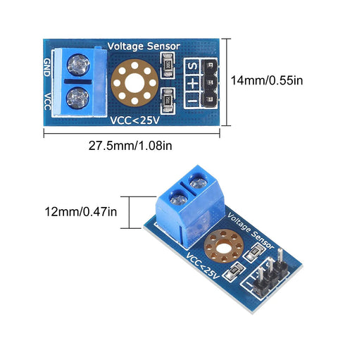 Top Shelf 3 Piece ACS712 Hall Effect Current Sensor Plus DC Voltage Tester Module Bundle For Arduino And Raspberry Pi Badass Projects With Legit 30 Amp Readings And Zero Hassle - Detailed view of blue voltage sensor module with specification measurements.