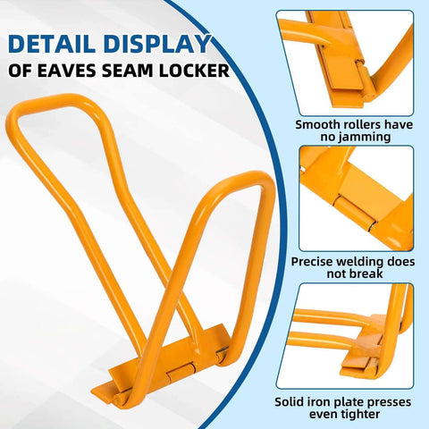 Close-up detail display of Heavy Duty Standing Seam Roofing Tool With Drip Edge Folding for pros, highlighting smooth rollers and welding.