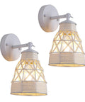 Set of 2 White Wall Sconces with 240° swing arm, rattan cage, for farmhouse indoor decor in bedroom, living room, kitchen.