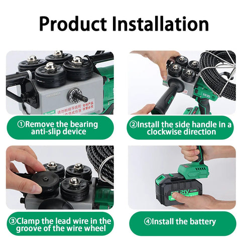 NYANS Portable Cordless Electric Wire Puller with Automatic Stringing And Infinitely Variable Speed Control installation steps showing setup process.