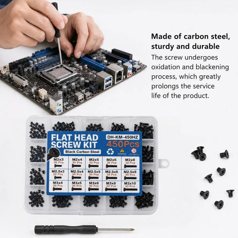 Heavy Duty Laptop And PC Screw Kit With 450 Pieces In 15 Common Sizes Including M2 M2.5 And M3 Flat Heads built tough carbon steel in use with a computer.