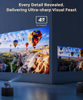 Smart Portable Video Projector With WiFi And Bluetooth For Home Theater And Outdoor Movie Nights Netflix Ready 4K Video Decode With 1080P Native Auto Focus And Keystone Correction Dolby Audio No Extra TV Stick Needed displaying vibrant hot air balloons on wall screen