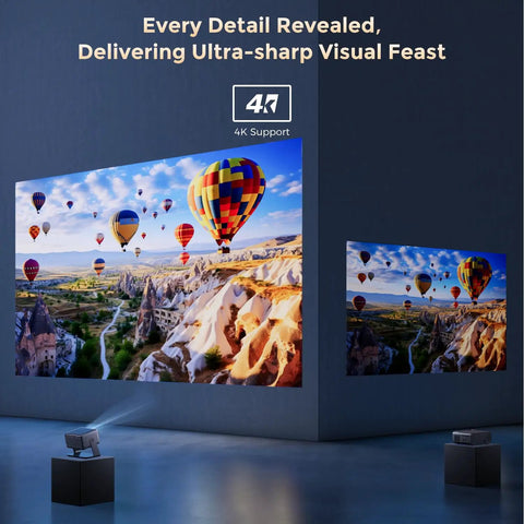 Smart Portable Video Projector With WiFi And Bluetooth For Home Theater And Outdoor Movie Nights Netflix Ready 4K Video Decode With 1080P Native Auto Focus And Keystone Correction Dolby Audio No Extra TV Stick Needed displaying vibrant hot air balloons on wall screen