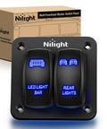 2 Gang Rocker Switch Panel SPST On Off Toggle With Laser Pattern, 5 Pin, Aluminum Plate, Pre Wired Jumper Wires, 12V 20A And 24V 10A, Plug And Play Harness, Great For LED Light Bar, RV, Boats, 4x4, Cars, Blue, black dual rocker switches with blue LED icons