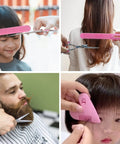 Game Changing DIY Haircutting Kit For Home Use Including Ultra Slick Hair Scissors Split Ends Trimmer And Precision Bangs Clips in a collage showing kids and adults using scissors and clips.