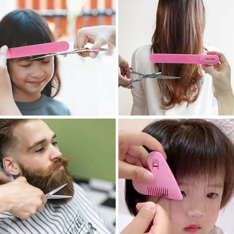 Game Changing DIY Haircutting Kit For Home Use Including Ultra Slick Hair Scissors Split Ends Trimmer And Precision Bangs Clips in a collage showing kids and adults using scissors and clips.