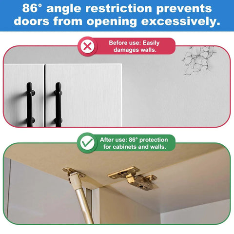 Before and after use of 50 Piece 86 Degree Cabinet Hinge Restrictor Clips With Screwdriver, showing wall protection effect.