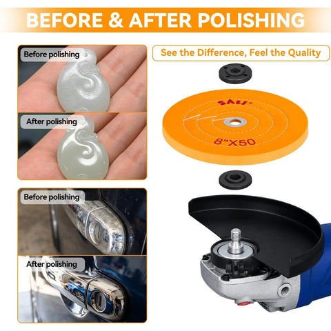 Top Shelf 3 Pack Of 8 Inch Polishing Wheels For Bench Grinders featuring before and after results on jewelry and metal surfaces.