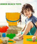 Child playing with 7 Piece Beach Sand Toys Set With Buckets Shovels Rakes And Castle Sand Molds For Kids on sand