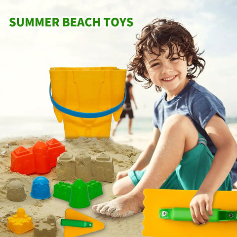 Child playing with 7 Piece Beach Sand Toys Set With Buckets Shovels Rakes And Castle Sand Molds For Kids on sand