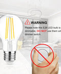 60W Equivalent E26 LED Filament Light Bulbs A19 Not Dimmable Daylight White 4000K With Classic Clear Glass And 80 Plus CRI, Energy Saving LED Bulbs, 12 Pack. Warning sign not to use dimmer switch in living room.