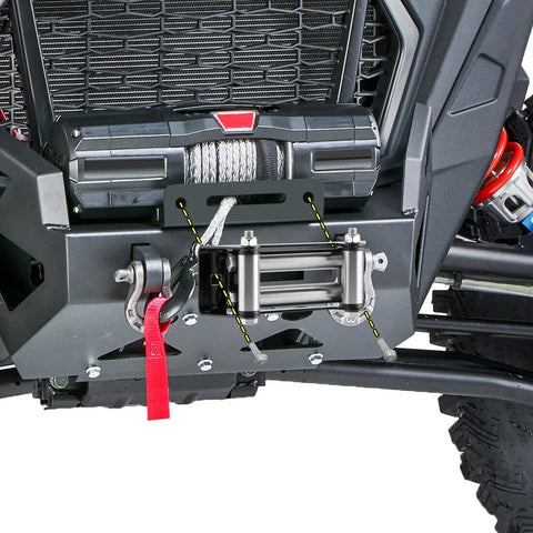Front view of a UTV with 6 inch winch roller fairlead cable guide installed for 4000 to 5500 lbs winches, protects synthetic rope, reduces friction.