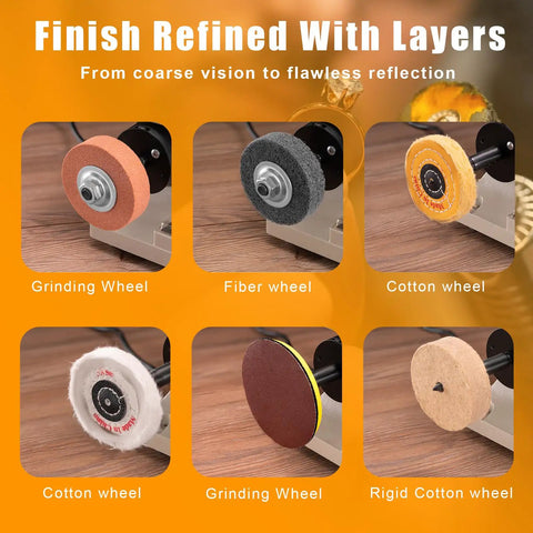 Various wheels for Do-It-All 69-Piece Jewelry Making Polisher Kit With Flex Shaft Mini Table Saw Bench Grinder Sander And Buffing Tool