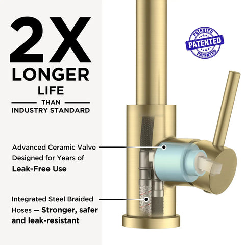 Slick Brushed Gold Kitchen Faucet With Pull Down Sprayer And Dual Spray Modes High Arc Spout Design for advanced ceramic valve and braided hoses.