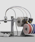 Detachable Filament Spool Holder For Bambu Lab 3D Printers A1 And A1 Mini with multiple reels in white, red, and blue.