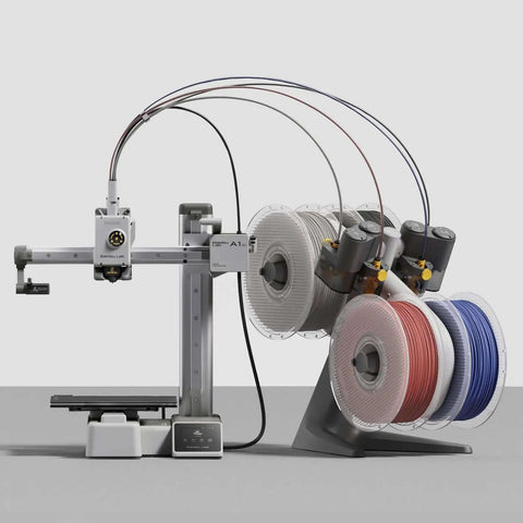 Detachable Filament Spool Holder For Bambu Lab 3D Printers A1 And A1 Mini with multiple reels in white, red, and blue.