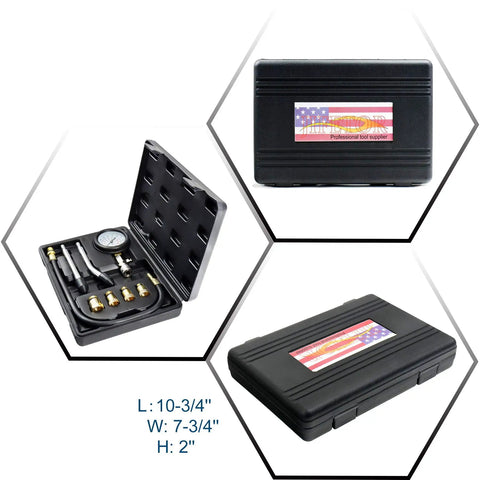 Compression Tester Kit For Engine Cylinders With Pressure Gauge Adapters, 8 Piece Set in black storage case, open and closed views.