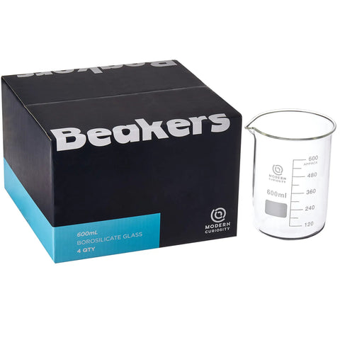 Rock Solid Borosilicate Glass Beaker Set That Works Like A Charm For Chemistry Class College Lab Research And Personal Science Projects featuring a 600ml beaker next to its packaging.