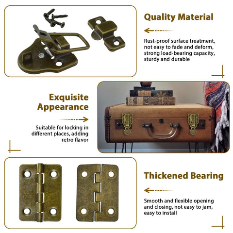 Retro Duckbill Toggle Hasp Latches Kit With Heart Shaped Padlocks And Antique Folding Flush Hinges Bronze Finish Includes Mounting Screws For Jewelry Boxes Crates And Furniture Decor showing quality material and exquisite appearance