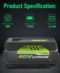 40V Lithium Battery Replacement 7500mAh High Capacity for Cordless Tools with power specifications in the back