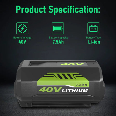 40V Lithium Battery Replacement 7500mAh High Capacity for Cordless Tools with power specifications in the back