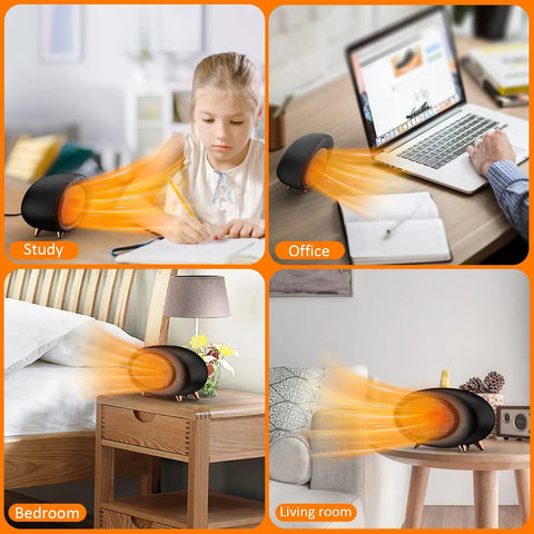 600W Desk Heater With PTC Ceramic Tech in various home settings, providing quick heat for bedroom, office, and living room use.