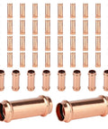Top Tier 50 Pack 1 Inch Press Fit Copper Extended Couplings With No Stop Heavy Duty Fittings arranged for plumbing use.