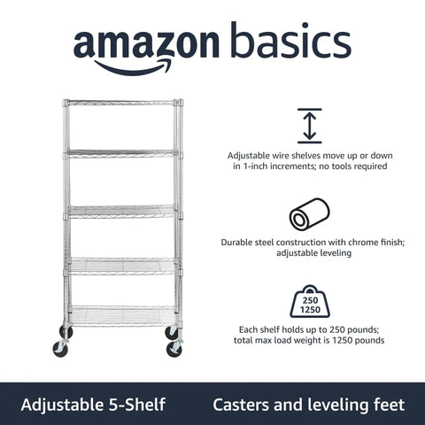 Five Shelf Adjustable Wire Storage Rack Heavy Duty Shelving Unit With Mobile Casters Chrome Steel Build Easy Snap Assembly Real Tough Garage Organizer Glides Anywhere And Takes On Heavy Loads Without Breaking A Sweat