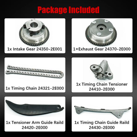 Hyundai Elantra 1.8L Timing Chain Kit With VVT Sprocket Tensioner And Cam Phaser For 2011-2014 Elantra And 2012-2013 Kia Soul 2.0L L4 Engine Replacement Timing Kit components display