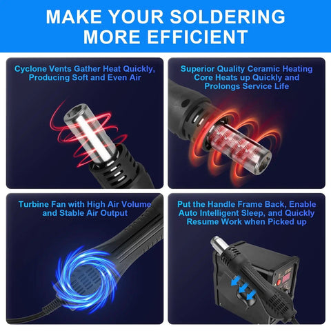 Features of 2 In 1 Hot Air Rework Soldering Station Kit with rapid heat up, dual independent control, auto sleep, space saving design.