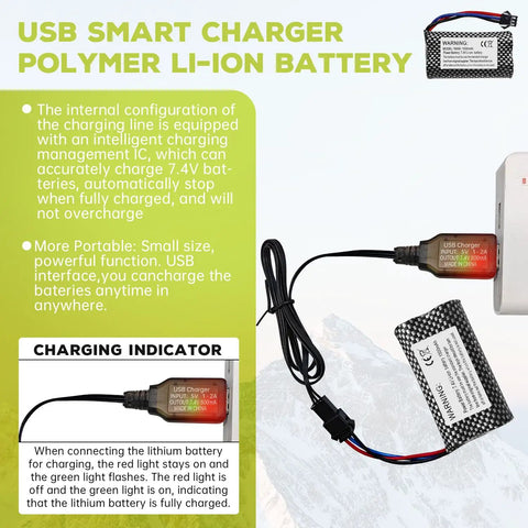 2 Pack 7.4V 1500mAh SM-3P Plug Lithium RC Battery With USB Charging Cable, charging indicator and text details shown.