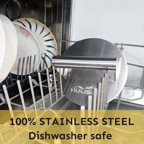 Stainless Steel Burger Press Round 6.2 Inch Smasher shown in a dishwasher, demonstrating its heavy duty and durable construction.