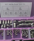 70 Piece Stainless Steel Self Tapping Thread Insert Repair Kit And Screw Bushing Set in pink box with labeled compartments.