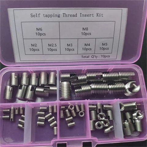 70 Piece Stainless Steel Self Tapping Thread Insert Repair Kit And Screw Bushing Set in pink box with labeled compartments.