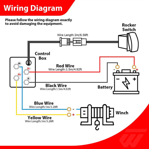 Wiring diagram for WeiSen 4500lb Electric Winch Kit with remote, showing wire connections and lengths.