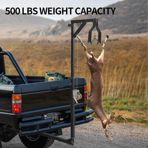 Hitch Mounted Deer Hoist With Gambrel Winch, 500 Lb Capacity, Adjustable Height And 360 Degree Swivel, Beefy Truck Bed Game Hoist For Hunting And Hanging Gear, mounted on pickup
