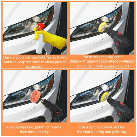 Step-by-step use of 3 Inch Sanding Discs Kit With 800 1000 2000 3000 5000 Grits Silicon Carbide on car headlight restoration.