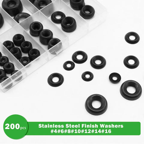 Black Finish Stainless Steel Countersunk Cup Washers Set, Heavy Duty 304 Stainless, Rust Resistant, Seven Sizes From Size Four To Size Sixteen